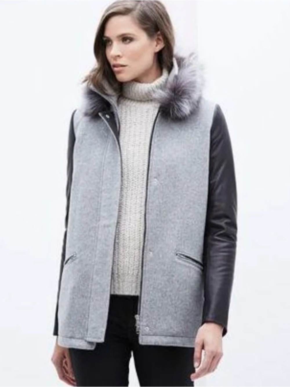 Danier Grey Wool-Blend Coat with Black Leather Sleeves and Silver Fox Fur Trim